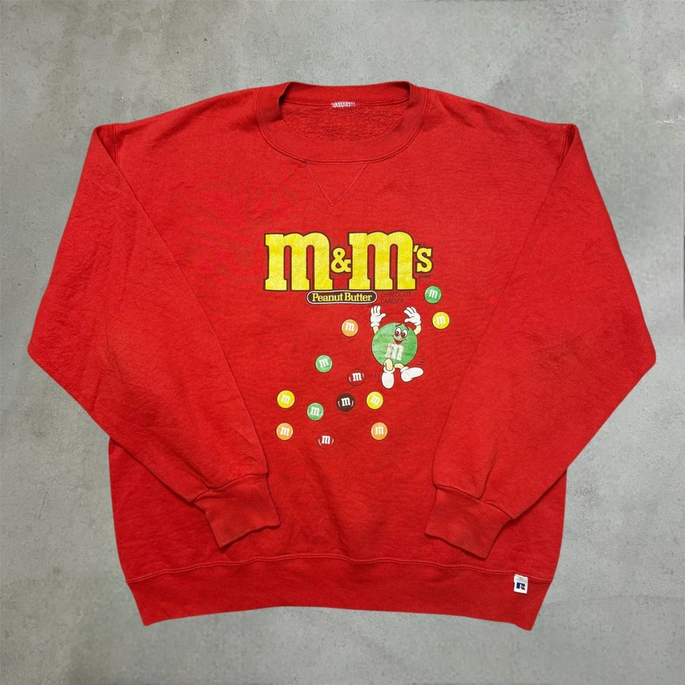 Vintage Russell Athletic Sweatshirt Mens XL Red M&M's Graphic Crewneck V-Stitch